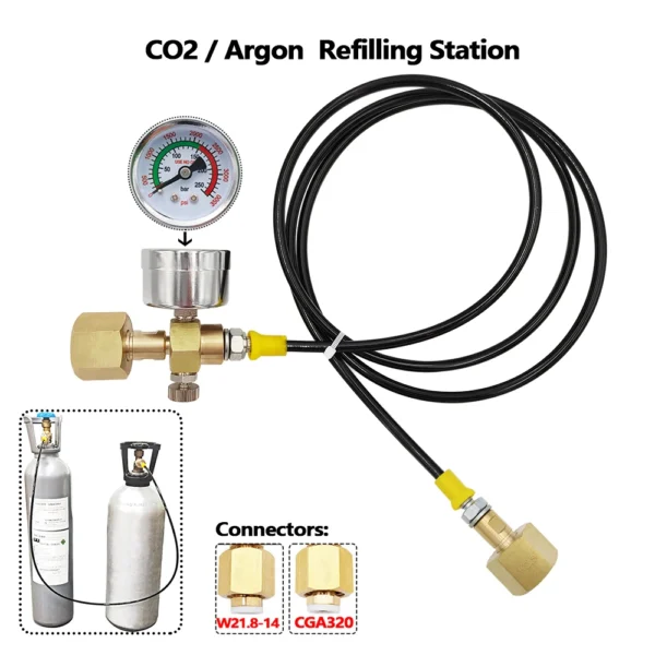 Argon CO2 Refilling Station Charging Adapter To Small Welding Tanks,W/ 1.5 Meters Soft Hose 250bar Gauge G5/8,W21.8-14,CGA320