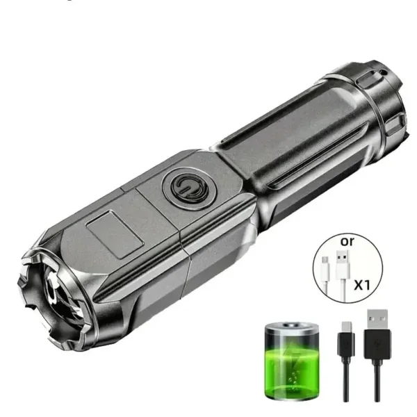 Scc8e77eb3ab3469b911701b341418fb5A.webp Powerful LED Flashlight Telescopic Zoom Tactical Torch USB Charging Spotlight 4 Lighting Mode Long-Range Outdoor Flashlight