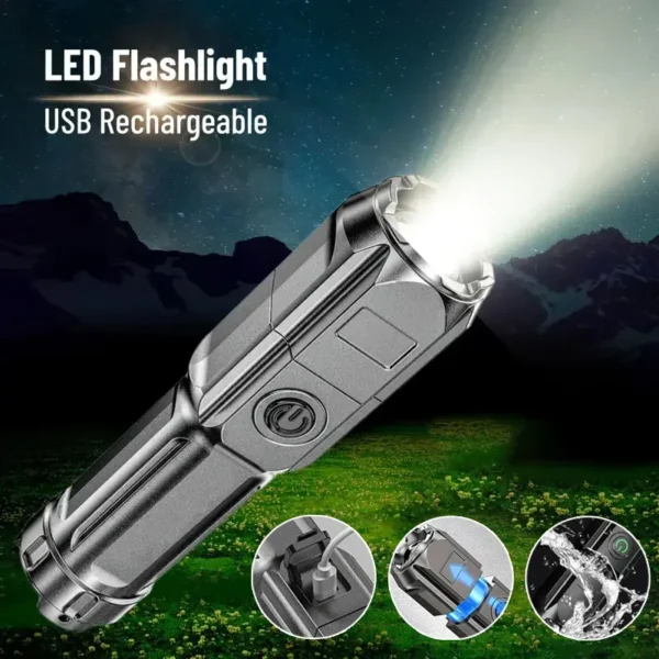 Sda5282f8719043bda37e0dd30424dc47w.webp Powerful LED Flashlight Telescopic Zoom Tactical Torch USB Charging Spotlight 4 Lighting Mode Long-Range Outdoor Flashlight