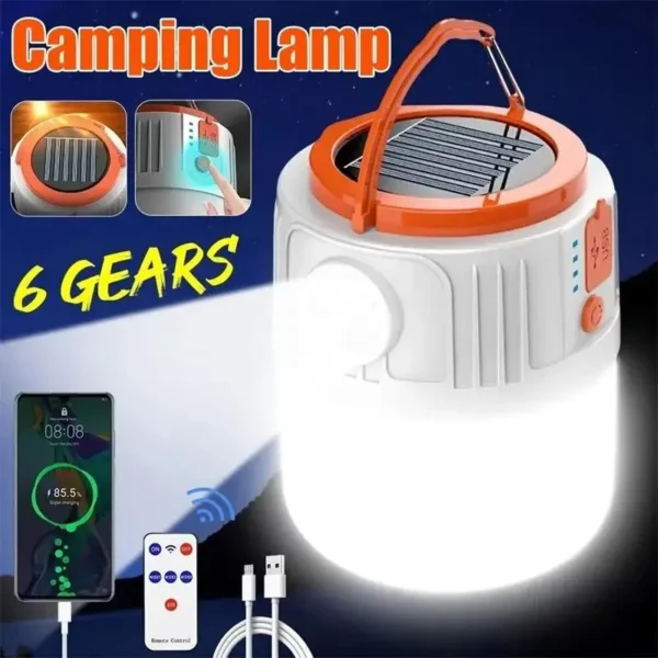 Sfe2552826d2b40999d1b7a410377af2eY.webp Solar Camping Light Portable Power Bank LED 6 Gears Rechargeable Remote Flashlight Outdoor BBQ Tents Hanging Emergency Lantern